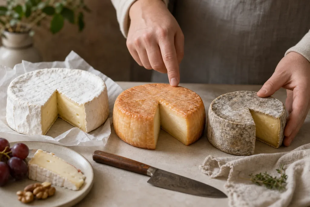 Three wheels of cheese with wedges cut out, one hand touching each wheel on a kitchen counter