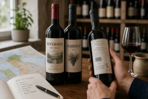 Two upright wine bottles labeled Riverside and Nebbiolo next to a person holding another bottle showing its back label on a wooden table