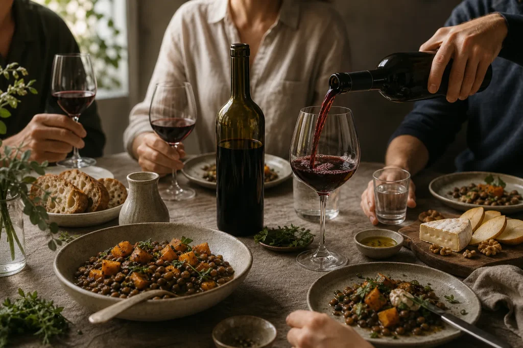 People sitting around a table with bowls of lentil salad, sliced bread, cheese, walnuts, and red wine being poured