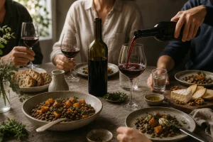 People sitting around a table with bowls of lentil salad, sliced bread, cheese, walnuts, and red wine being poured
