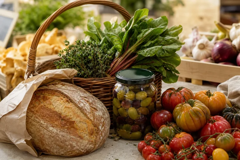 Rustic bread loaf, fresh greens in basket, jar of olives, and colorful tomatoes on market table