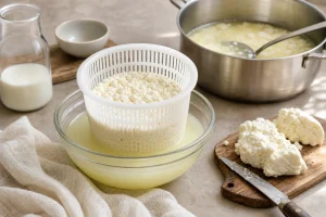 White curds in a plastic basket draining liquid into a glass bowl on a kitchen countertop