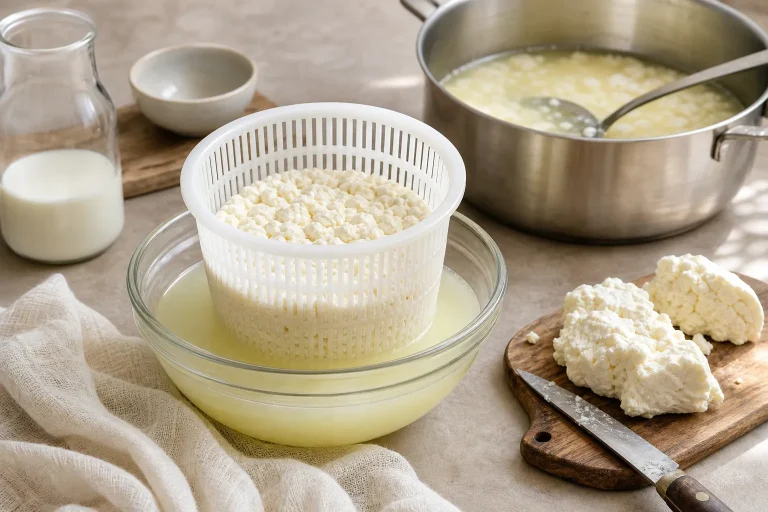 White curds in a plastic basket draining liquid into a glass bowl on a kitchen countertop